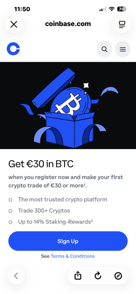 Coinbase €30 bonus screenshot